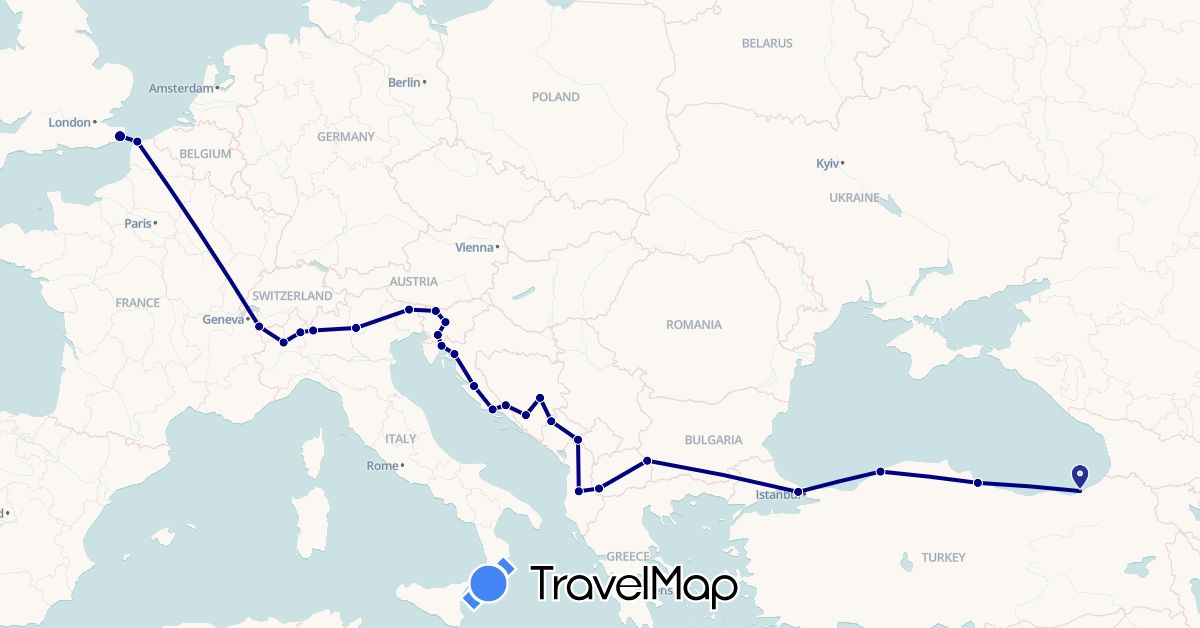 TravelMap itinerary: driving in Albania, Bosnia and Herzegovina, France, United Kingdom, Croatia, Italy, Montenegro, Macedonia, Slovenia, Turkey (Asia, Europe)